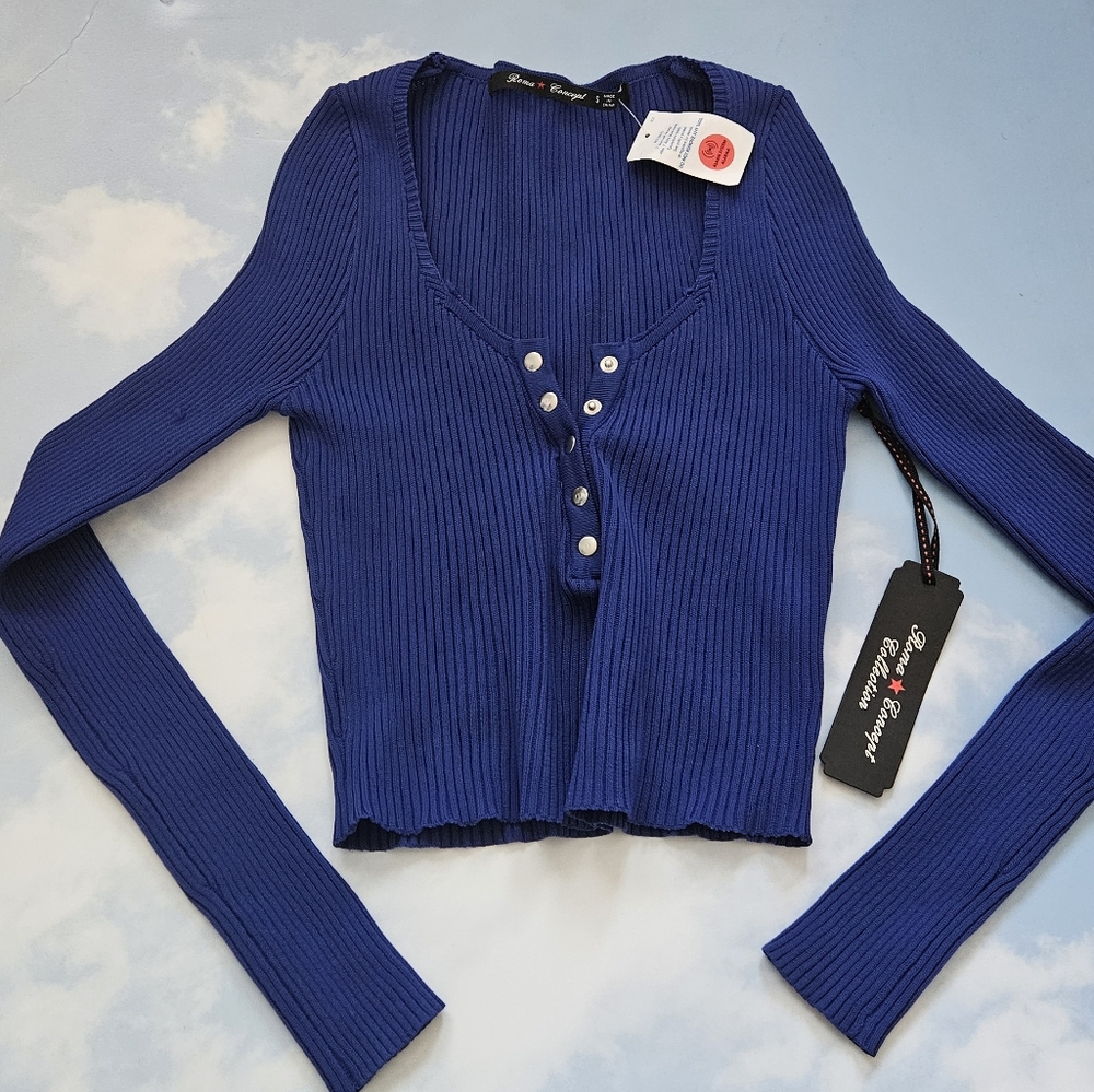 Blue Sexy Cropped Ribbed Notch Neck Long Sleeve Top Club Top